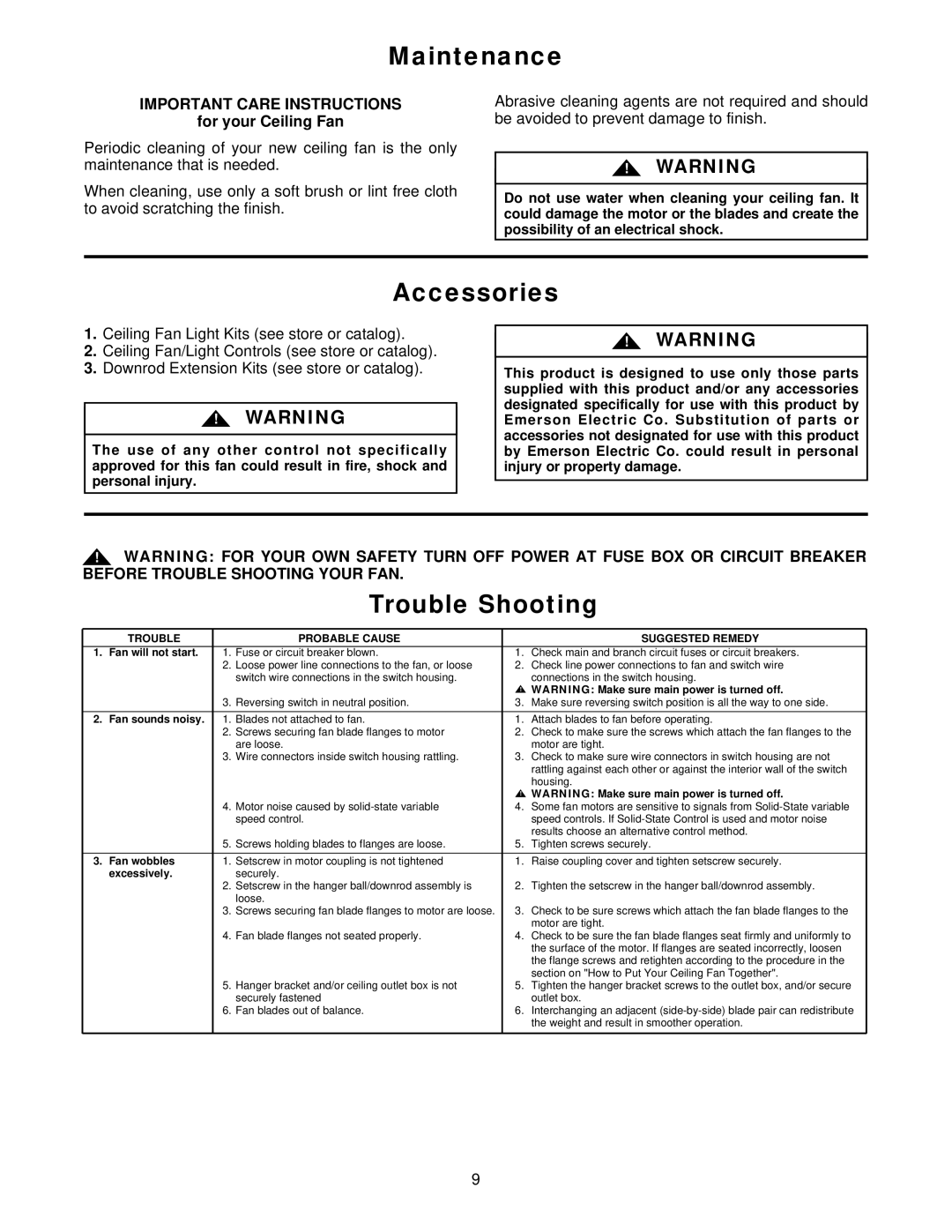 Emerson CF690ORB00, CF690CK00 warranty Maintenance, Accessories, Trouble Shooting, For your Ceiling Fan 