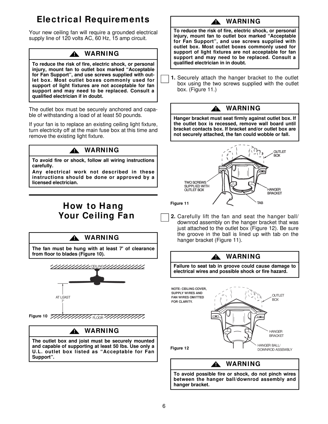 Emerson CF690CK00, CF690ORB00 warranty Electrical Requirements, How to Hang Your Ceiling Fan 