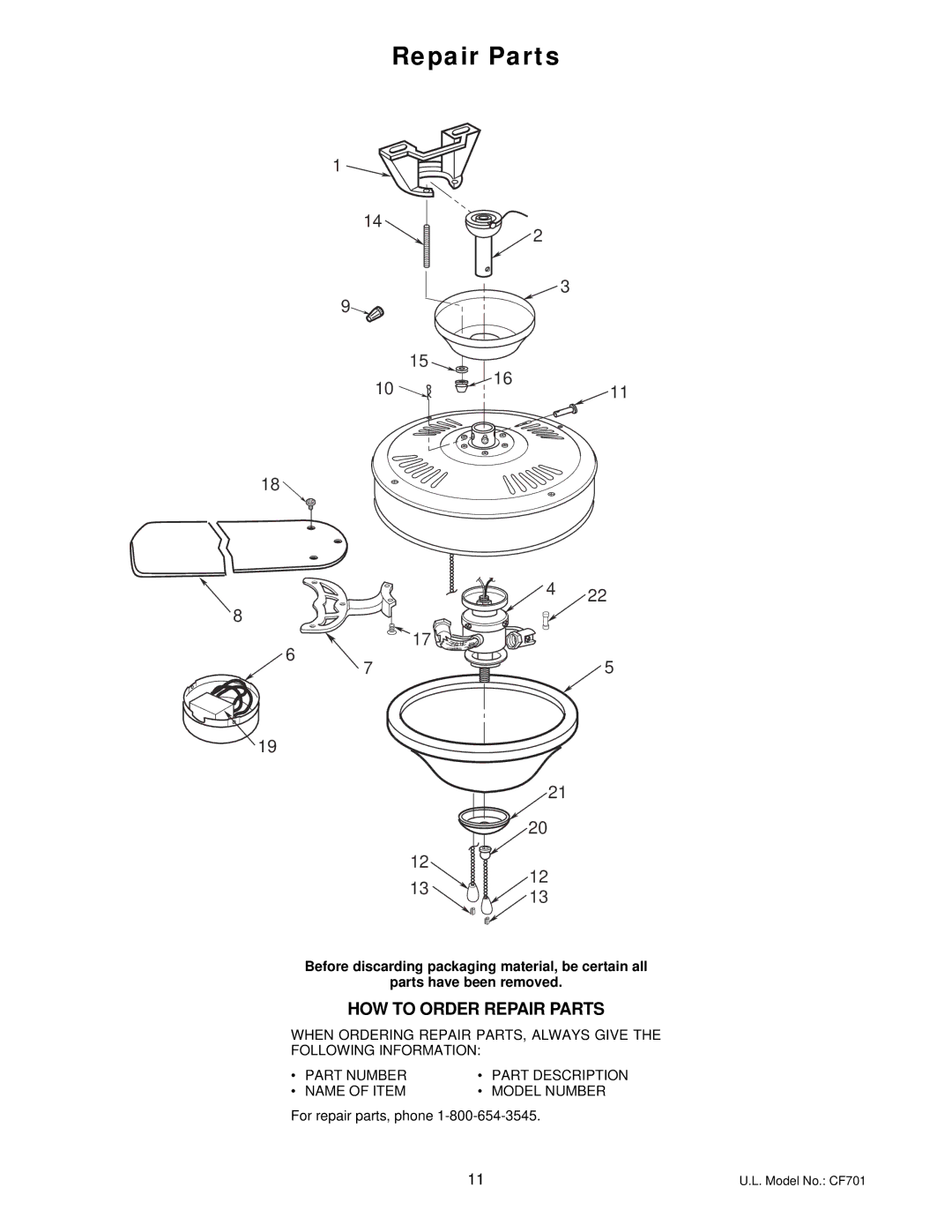 Emerson CF701BS00, CF701WW00, CF701ORB00 owner manual HOW to Order Repair Parts 