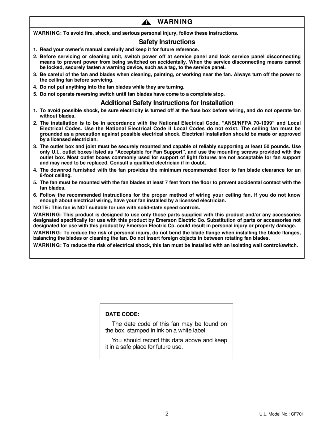 Emerson CF701BS00, CF701WW00, CF701ORB00 owner manual Safety Instructions 