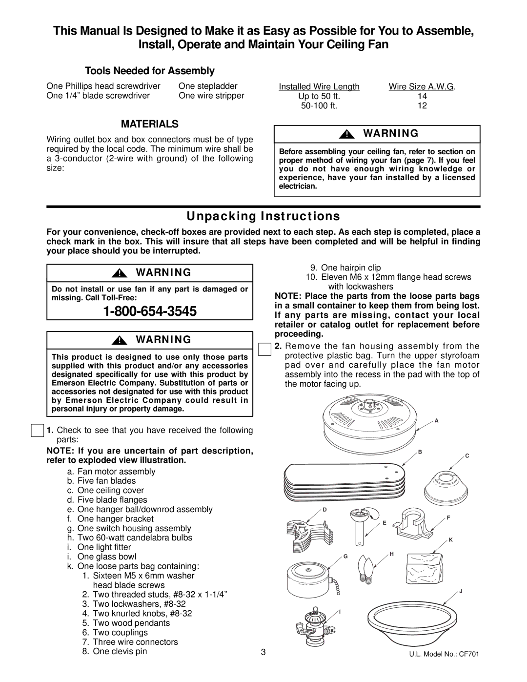 Emerson CF701WW00, CF701ORB00, CF701BS00 owner manual Materials, Up to 50 ft 50-100 ft 