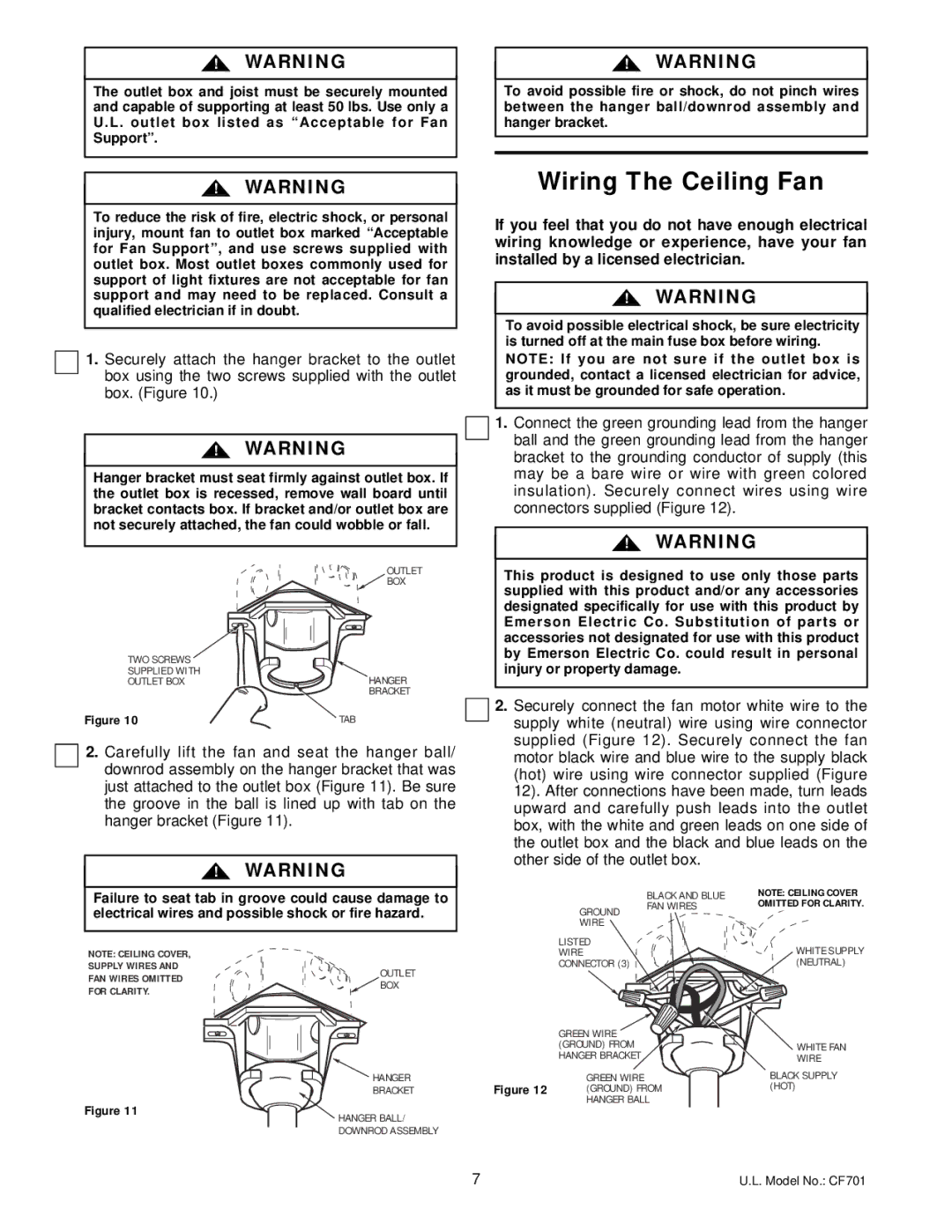 Emerson CF701ORB00, CF701WW00, CF701BS00 owner manual Wiring The Ceiling Fan 