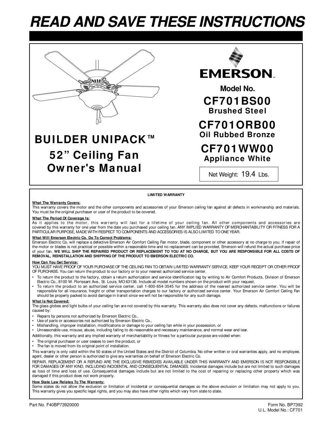 Emerson CF701ORB00 owner manual Model No, Brushed Steel, Oil Rubbed Bronze, Appliance White, CF701BS00, CF701WW00 