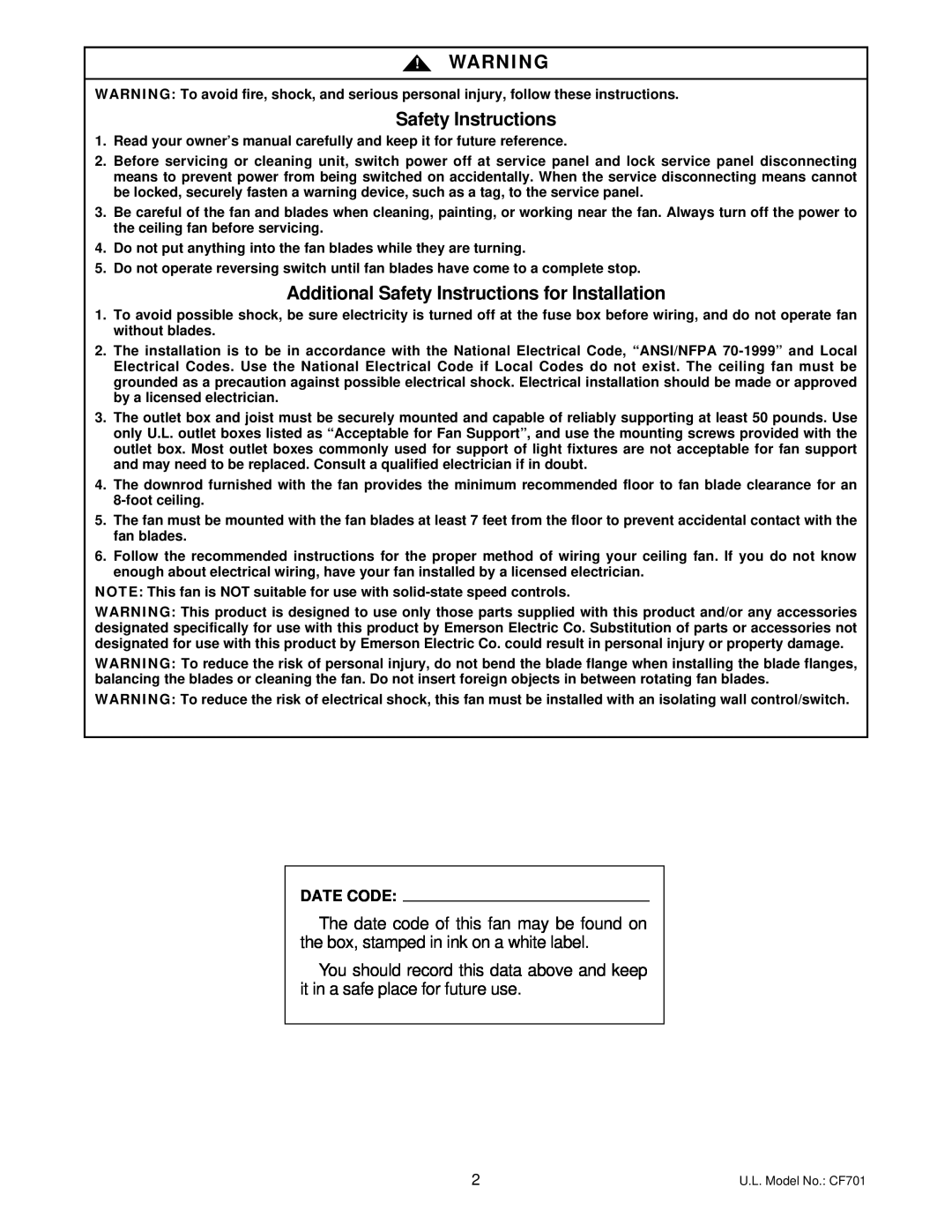 Emerson CF701BS00, CF701WW00, CF701ORB00 owner manual Additional Safety Instructions for Installation, Date Code 