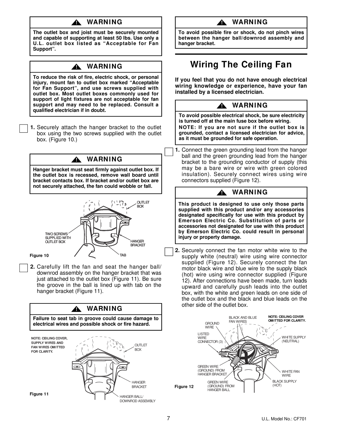 Emerson CF701ORB00, CF701WW00, CF701BS00 owner manual Wiring The Ceiling Fan 