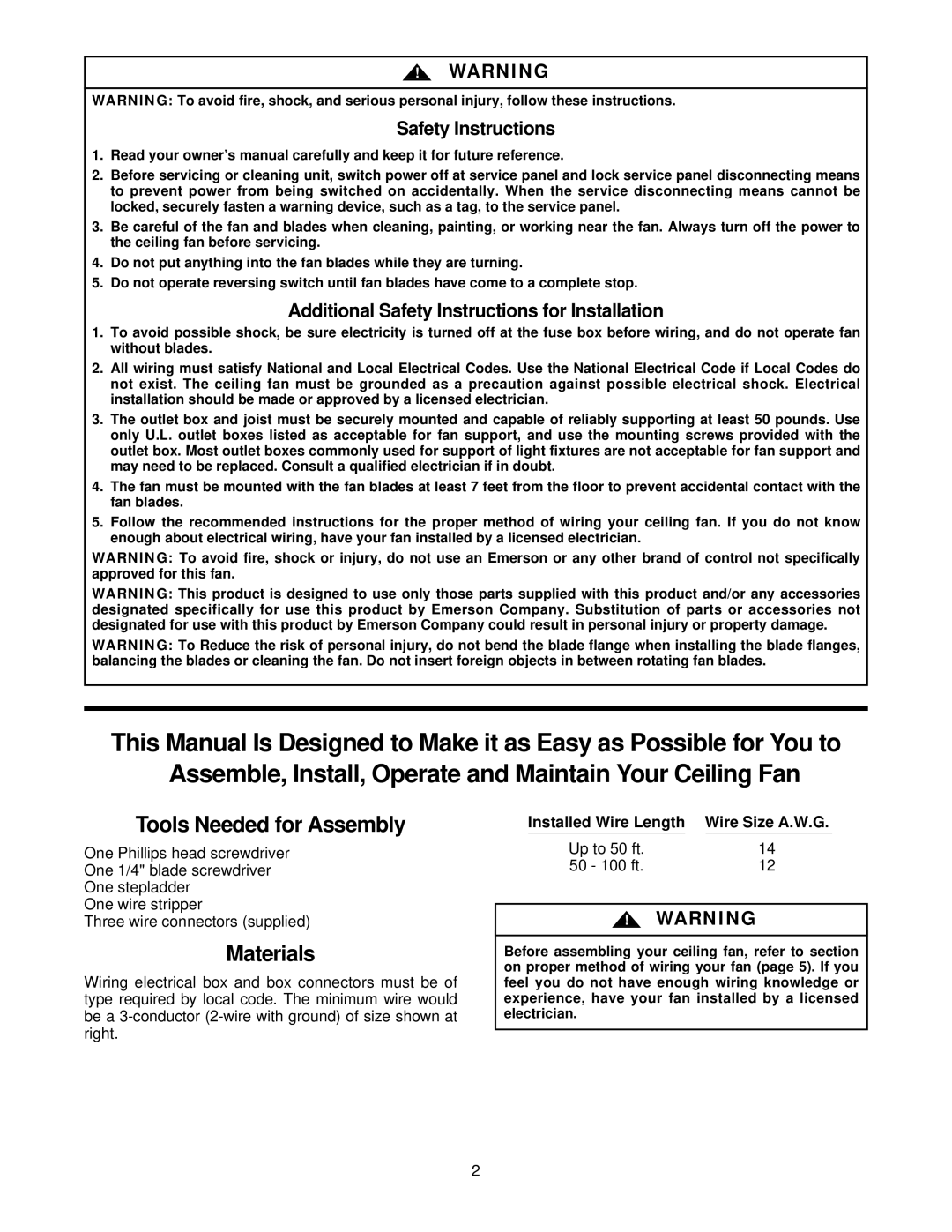 Emerson CF705SW02, CF704SAB02, CF704SAW02, CF705SAW02, CF705SWW02, CF705SPB02 Safety Instructions, Installed Wire Length 