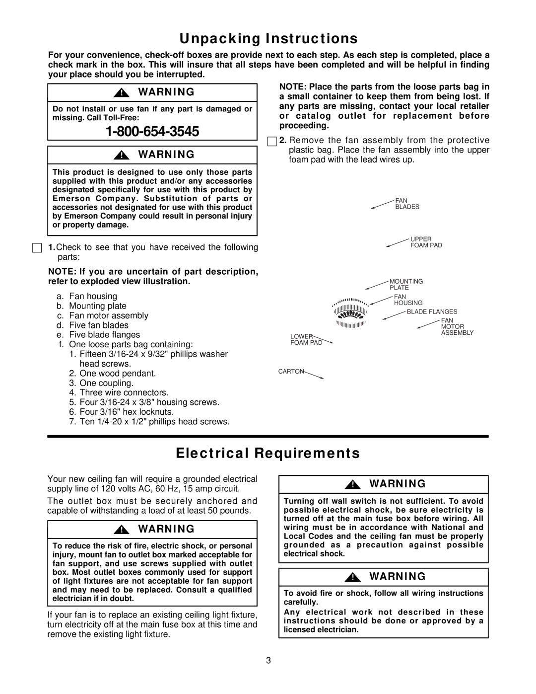 Emerson CF705SAW02, CF704SAB02, CF704SAW02, CF705SW02, CF705SWW02, CF705SPB02 Unpacking Instructions, Electrical Requirements 