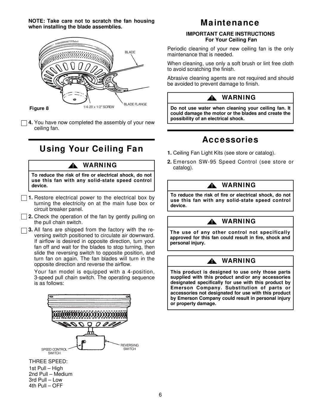 Emerson CF705SAB02 Using Your Ceiling Fan, Maintenance, Accessories, Important Care Instructions, For Your Ceiling Fan 