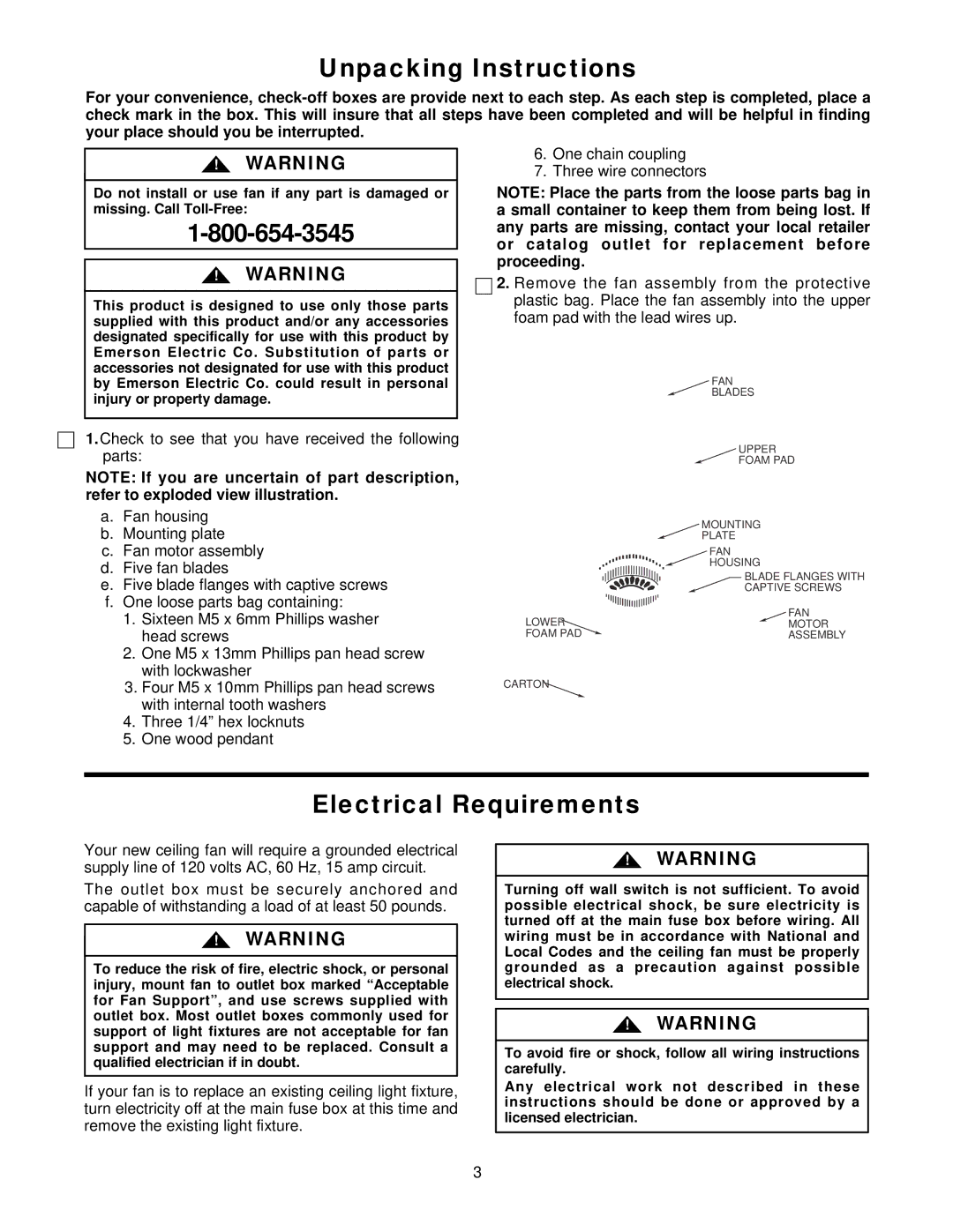 Emerson CF705SAB03, CF704SORB03, CF705SWW03, CF705SAW03, CF705SPB03 Unpacking Instructions, Electrical Requirements 