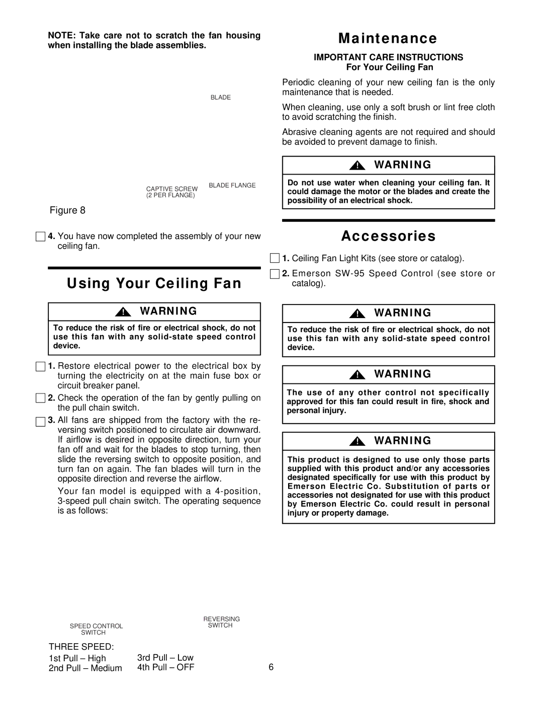 Emerson CF805SWW01 Using Your Ceiling Fan, Maintenance, Accessories, Important Care Instructions, For Your Ceiling Fan 