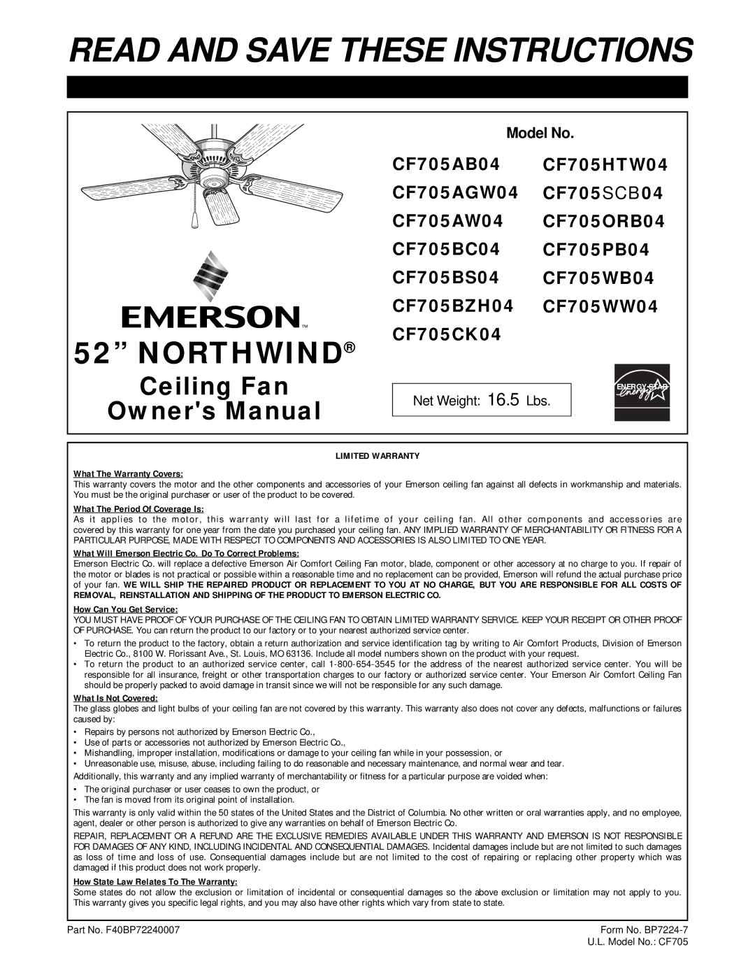 Emerson CF705AGW04, CF705PB04, CF705ORB04, CF705BC04, CF705HTW04, CF705BZH04 owner manual Read and Save These Instructions 