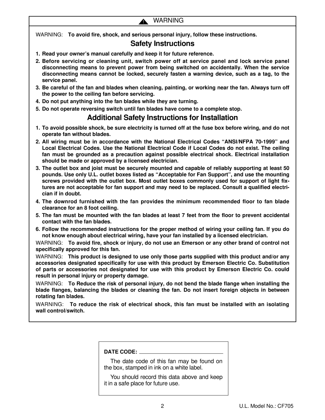 Emerson CF705ORB04, CF705PB04, CF705AGW04, CF705BC04, CF705HTW04, CF705BZH04, CF705SCB04, CF705BS04 Safety Instructions 