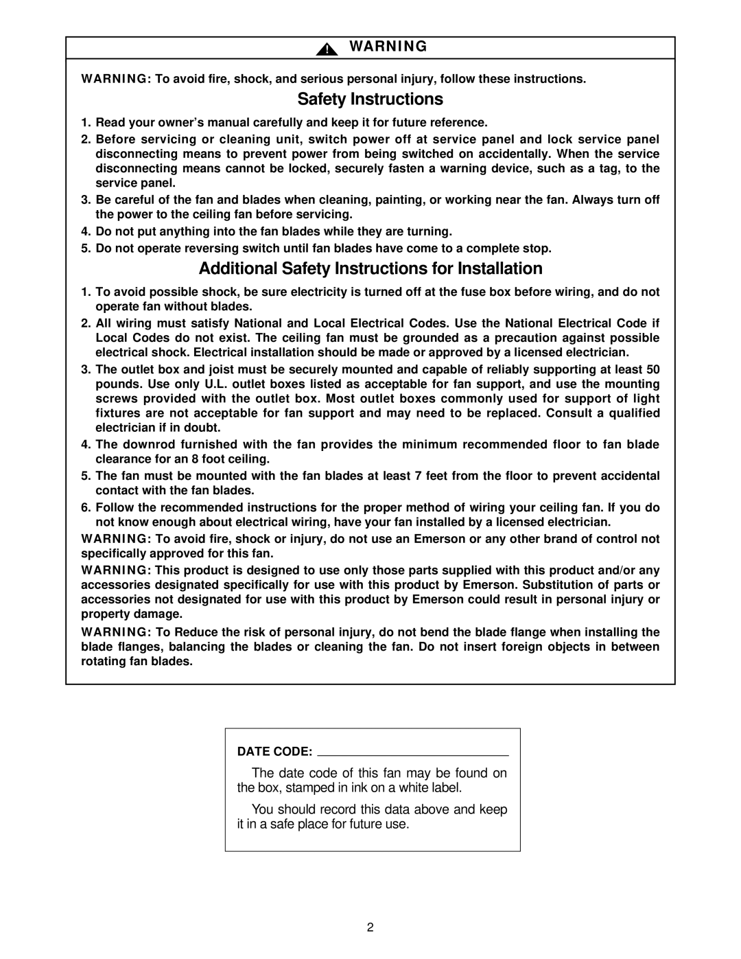 Emerson CF705NW03, CF705TG03, CF705WPB03, CF705S03, CF705BS03 Additional Safety Instructions for Installation, Date Code 