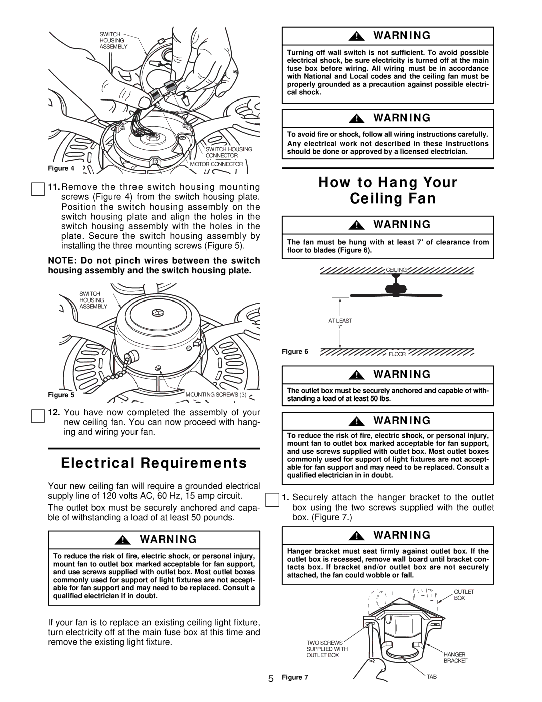 Emerson CF705AB03, CF705TG03, CF705WPB03, CF705NW03, CF705S03, CF705BS03 Electrical Requirements, How to Hang Your Ceiling Fan 