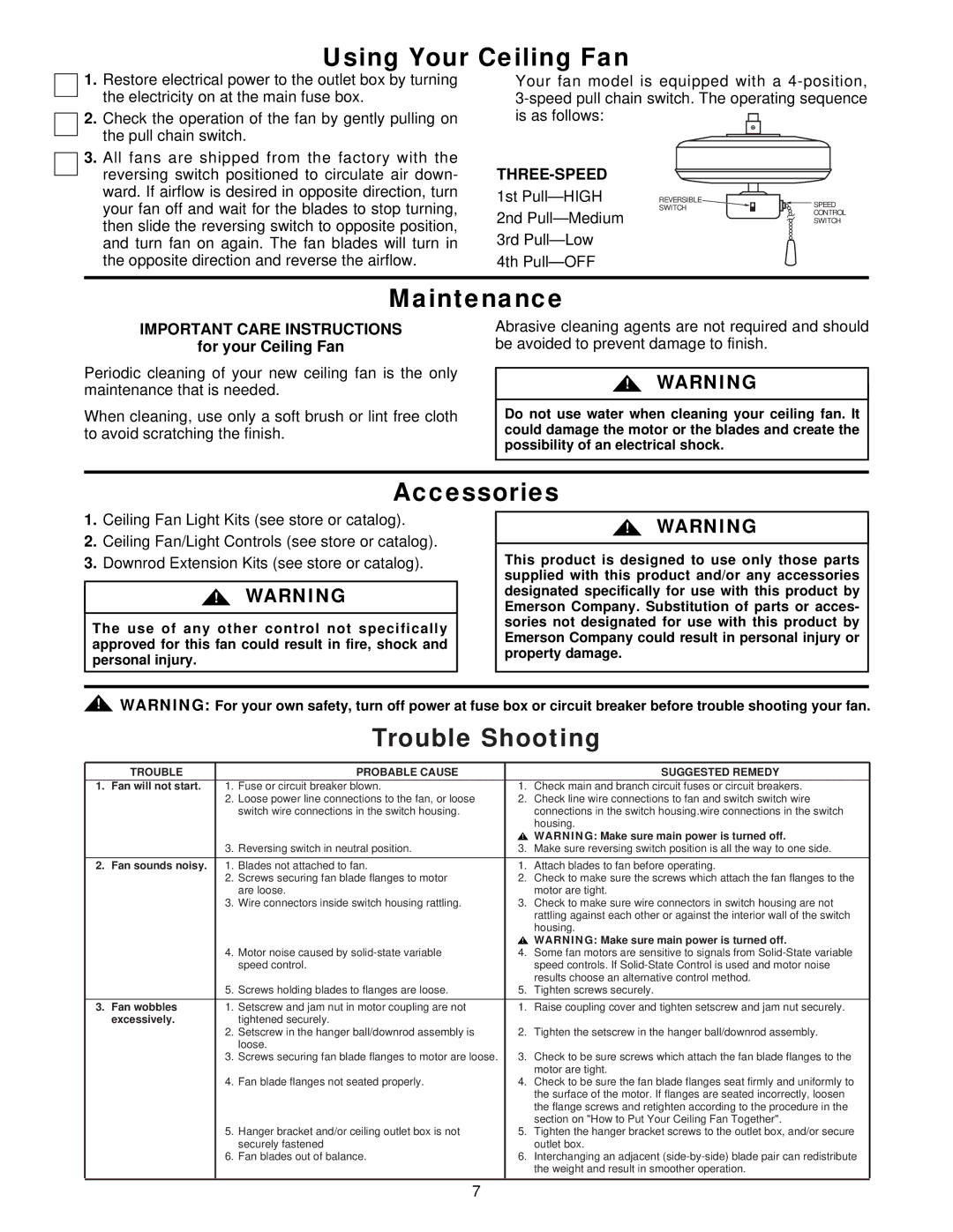 Emerson CF705W03, CF705TG03, CF705WPB03, CF705NW03 warranty Using Your Ceiling Fan, Maintenance, Accessories, Trouble Shooting 