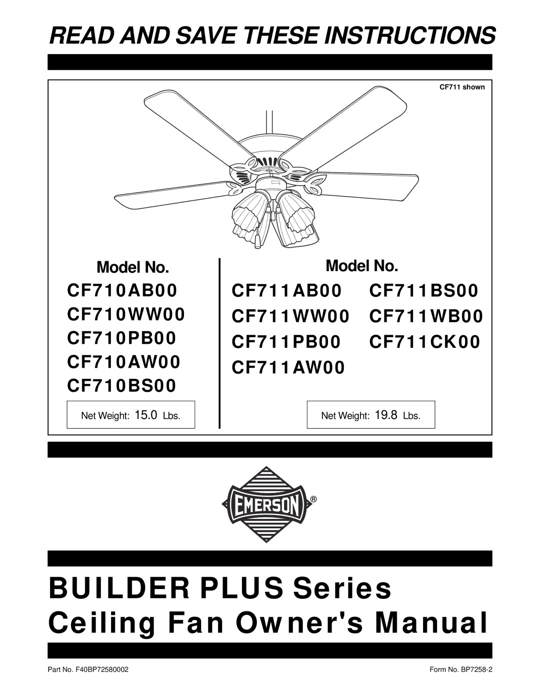 Emerson CF711PBOO, CF710AB00 owner manual Read and Save These Instructions 