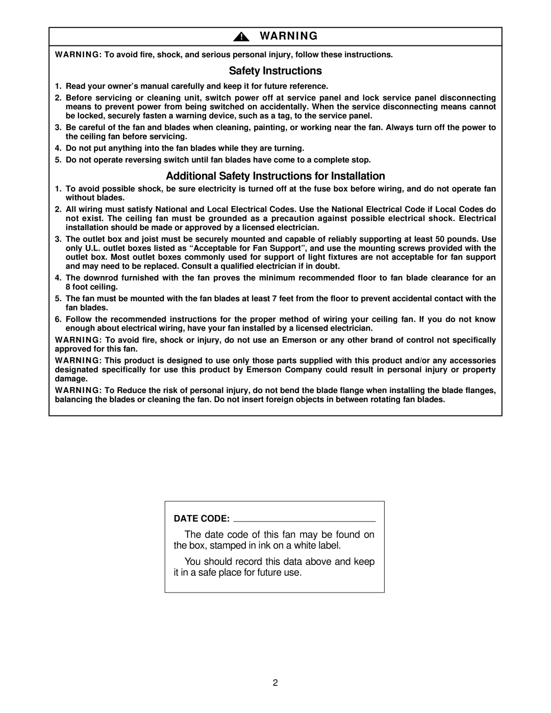 Emerson CF710AB00, CF711PBOO owner manual Additional Safety Instructions for Installation 