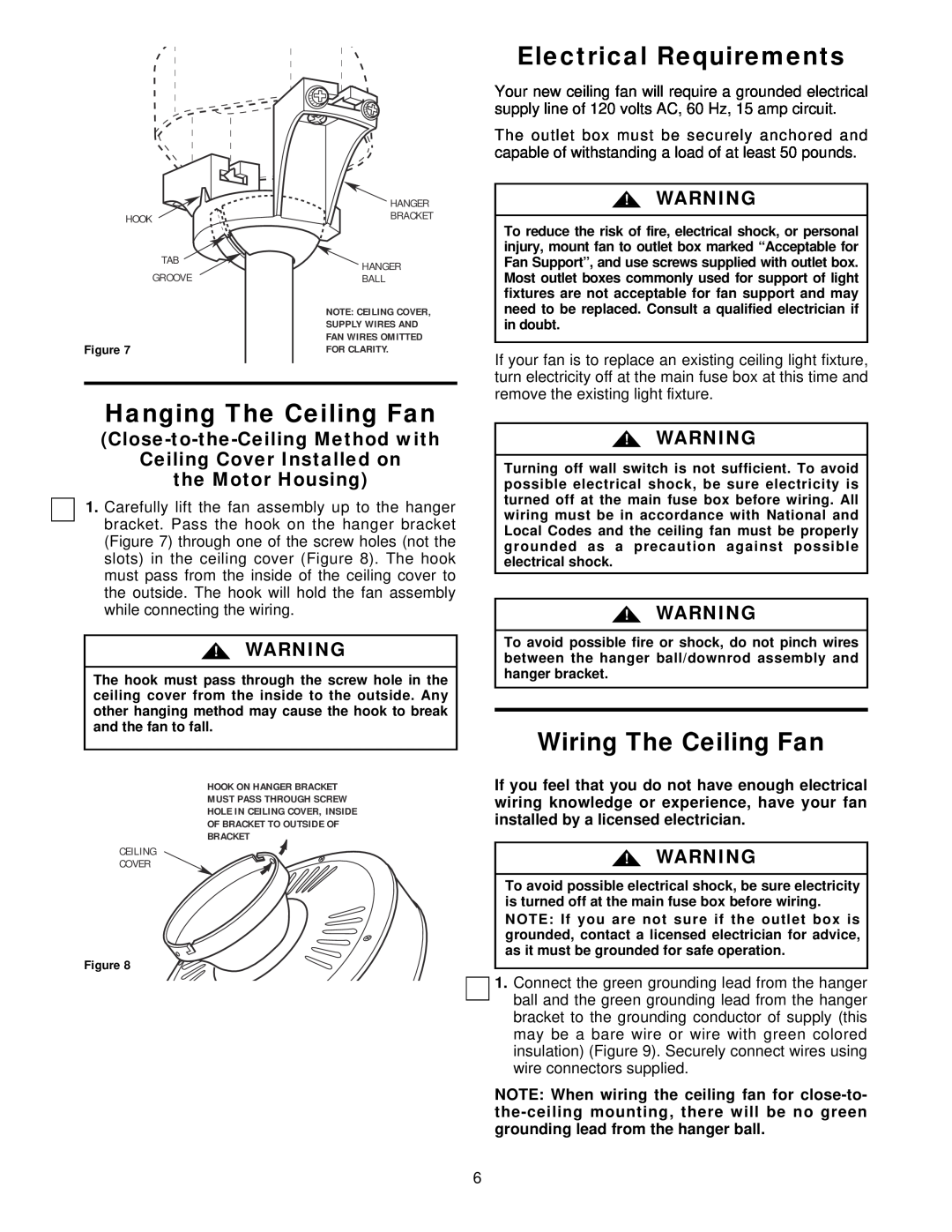 Emerson CF710AB00, CF711PBOO owner manual Hanging The Ceiling Fan, Electrical Requirements, Wiring The Ceiling Fan 