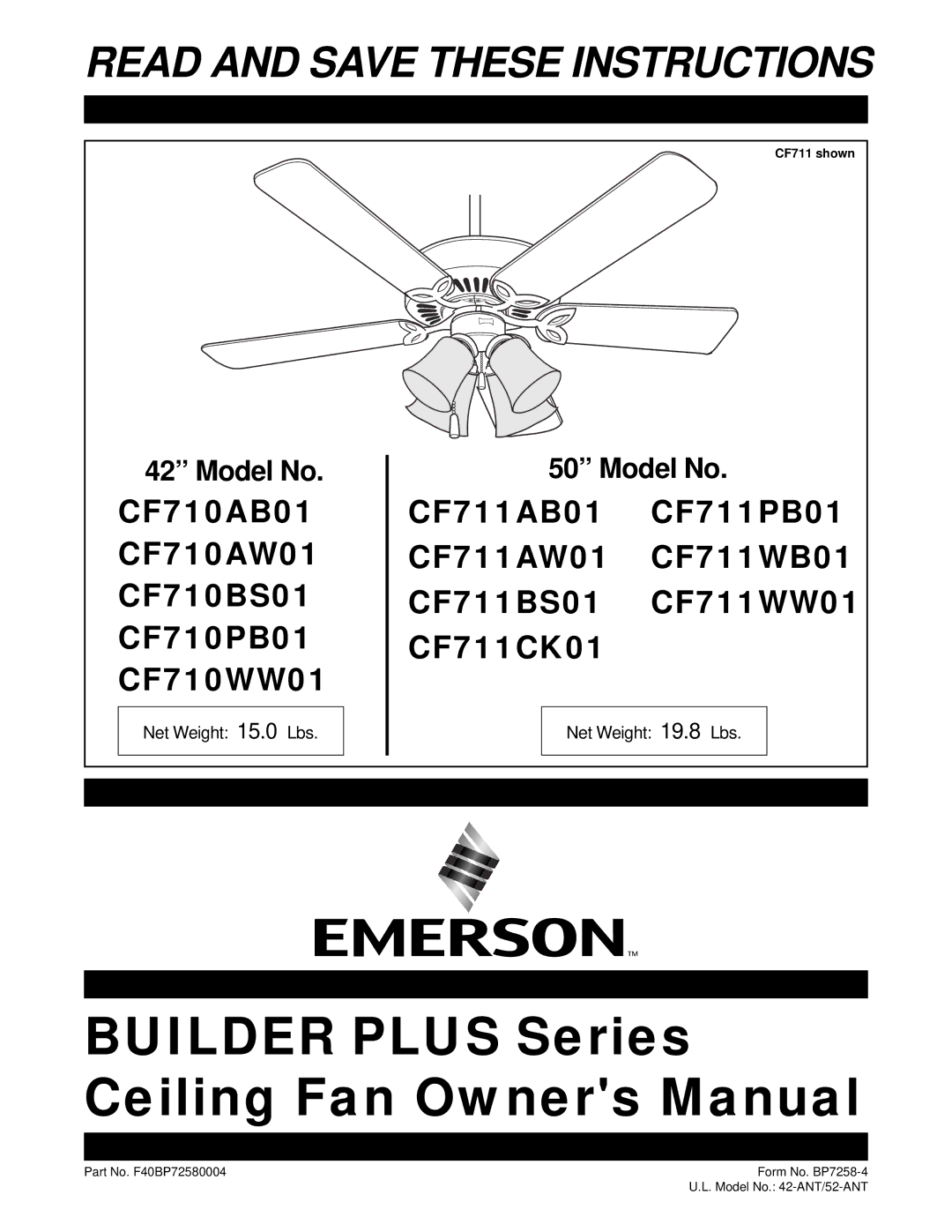 Emerson CF710AW01, CF710AB01, CF711WB01, CF711CK01, CF711WW01, CF711PB01 owner manual Read and Save These Instructions 