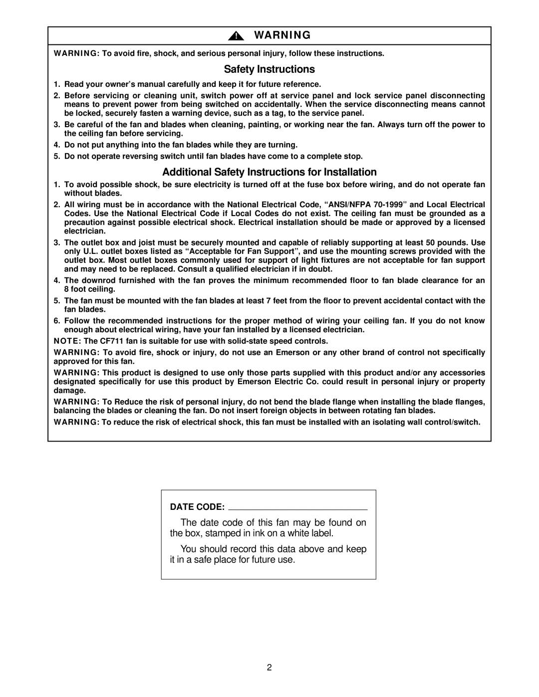 Emerson CF711WB01, CF710AB01, CF710AW01, CF711CK01, CF711WW01, CF711PB01 Additional Safety Instructions for Installation 