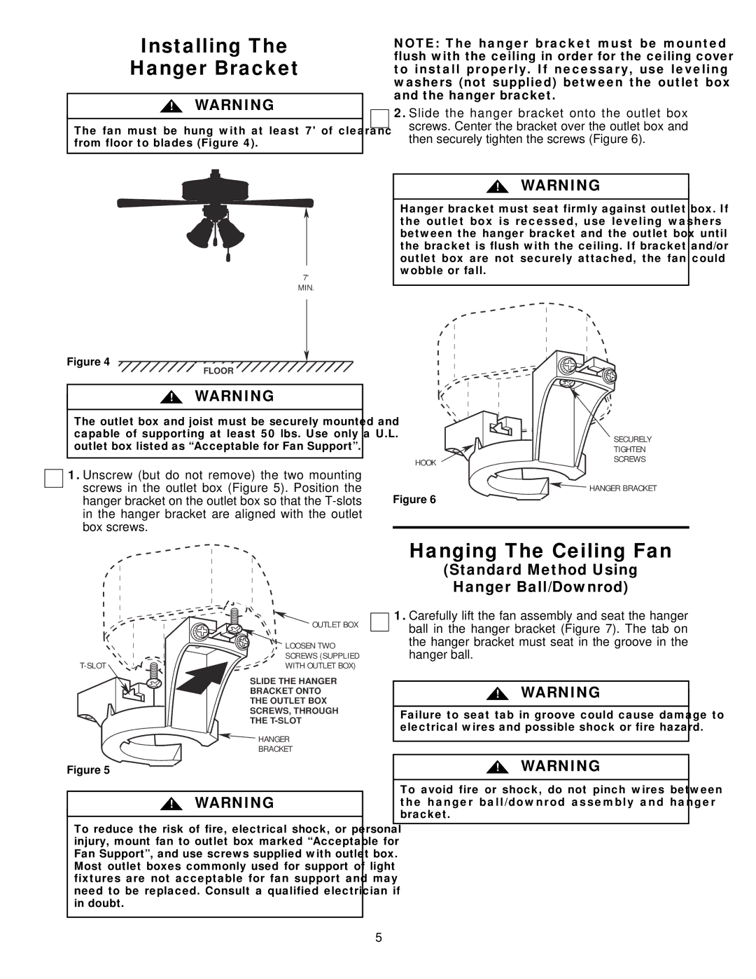 Emerson CF711PB01, CF710AB01 Installing Hanger Bracket, Hanging The Ceiling Fan, Standard Method Using Hanger Ball/Downrod 