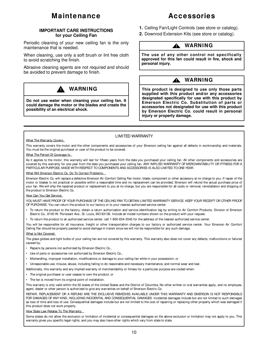 Emerson CF710WW00, CF710PB00, CF710AW00, CF710BS00, CF711PB00, CF711WB00, CF711WW00, CF711BS00 Maintenance, Accessories 