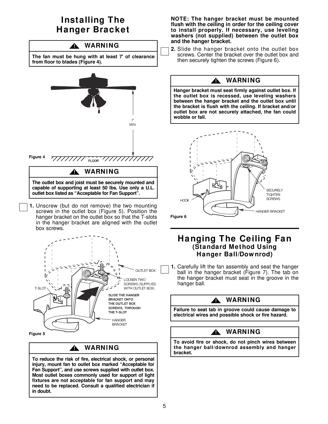 Emerson CF711WW00, CF710PB00 Installing Hanger Bracket, Hanging The Ceiling Fan, Standard Method Using Hanger Ball/Downrod 