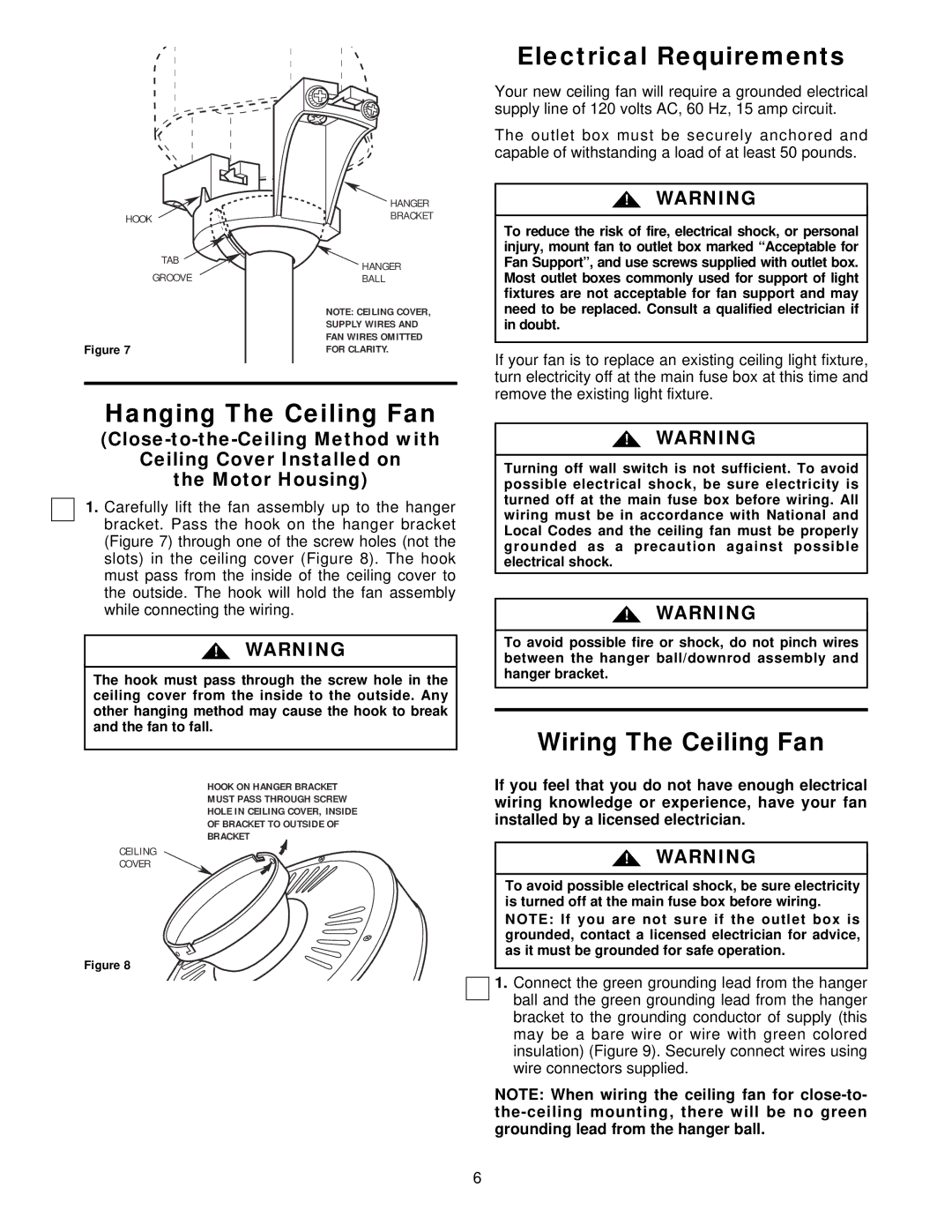 Emerson CF711BS00, CF710PB00, CF710AW00, CF710BS00, CF711PB00, CF711WB00 Electrical Requirements, Wiring The Ceiling Fan 