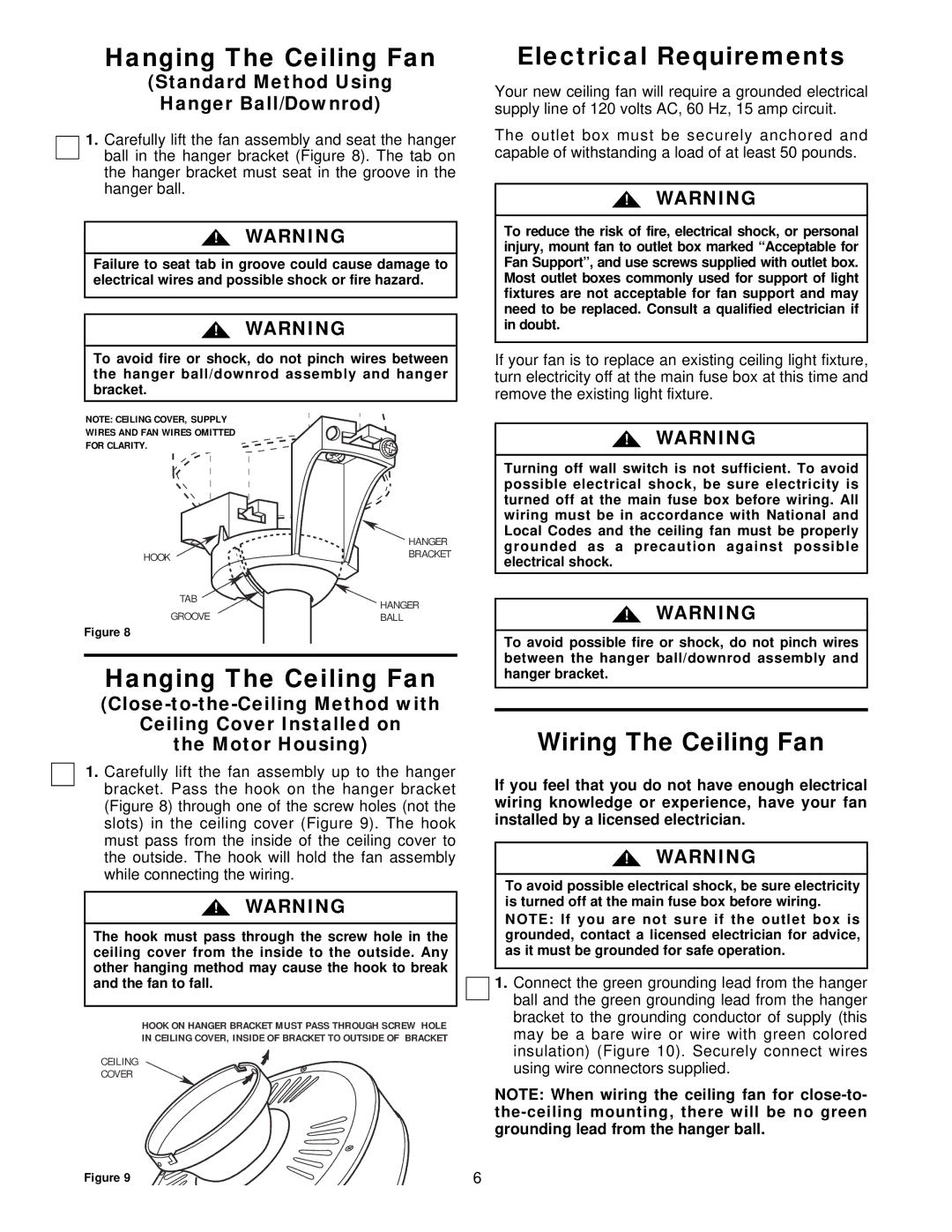 Emerson CF712AW01, CF712WW01, CF712BS01, CF712TZ01 Hanging The Ceiling Fan, Electrical Requirements, Wiring The Ceiling Fan 