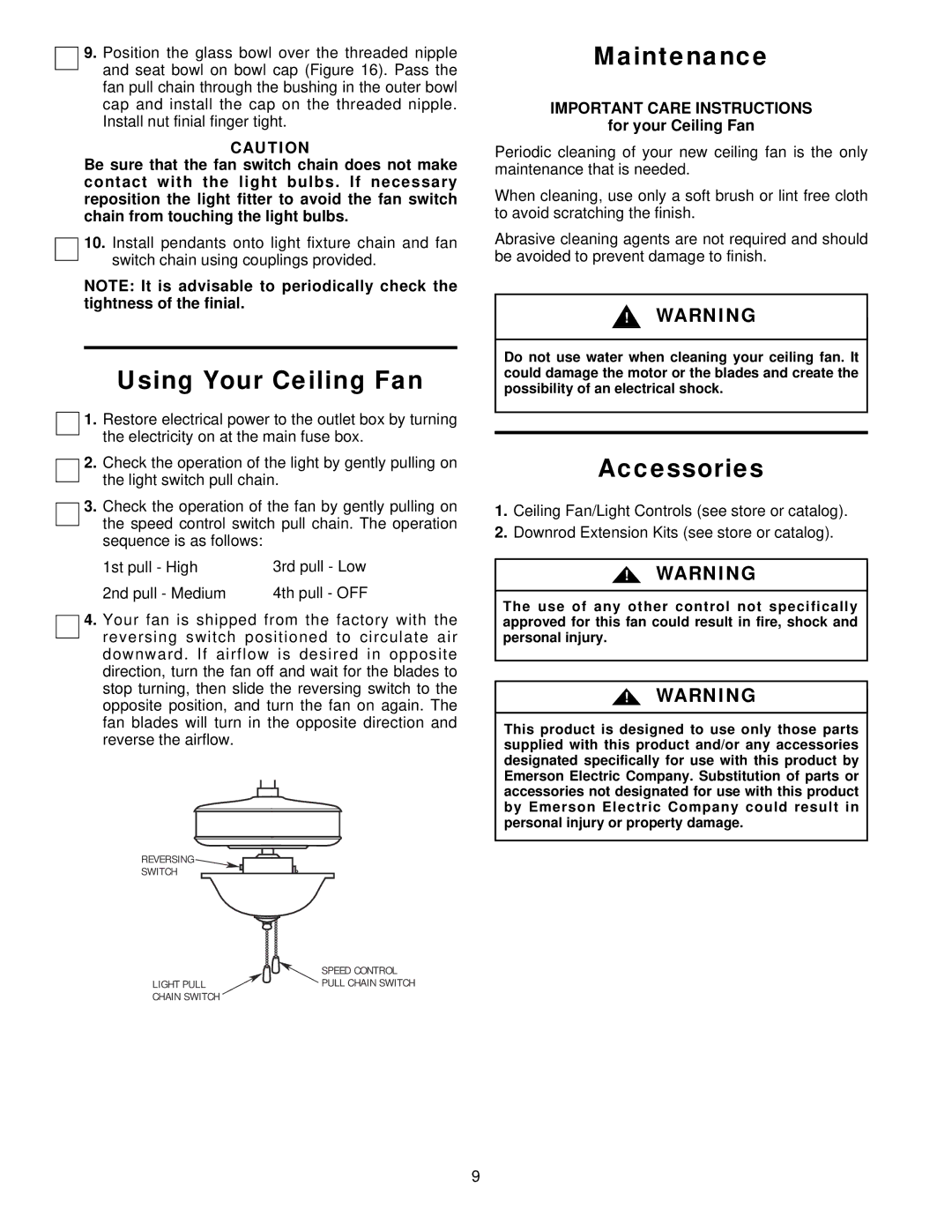 Emerson CF712BS01, CF712WW01, CF712TZ01, CF712WB01, CF712ORB01, CF712OB01 Using Your Ceiling Fan, Maintenance, Accessories 