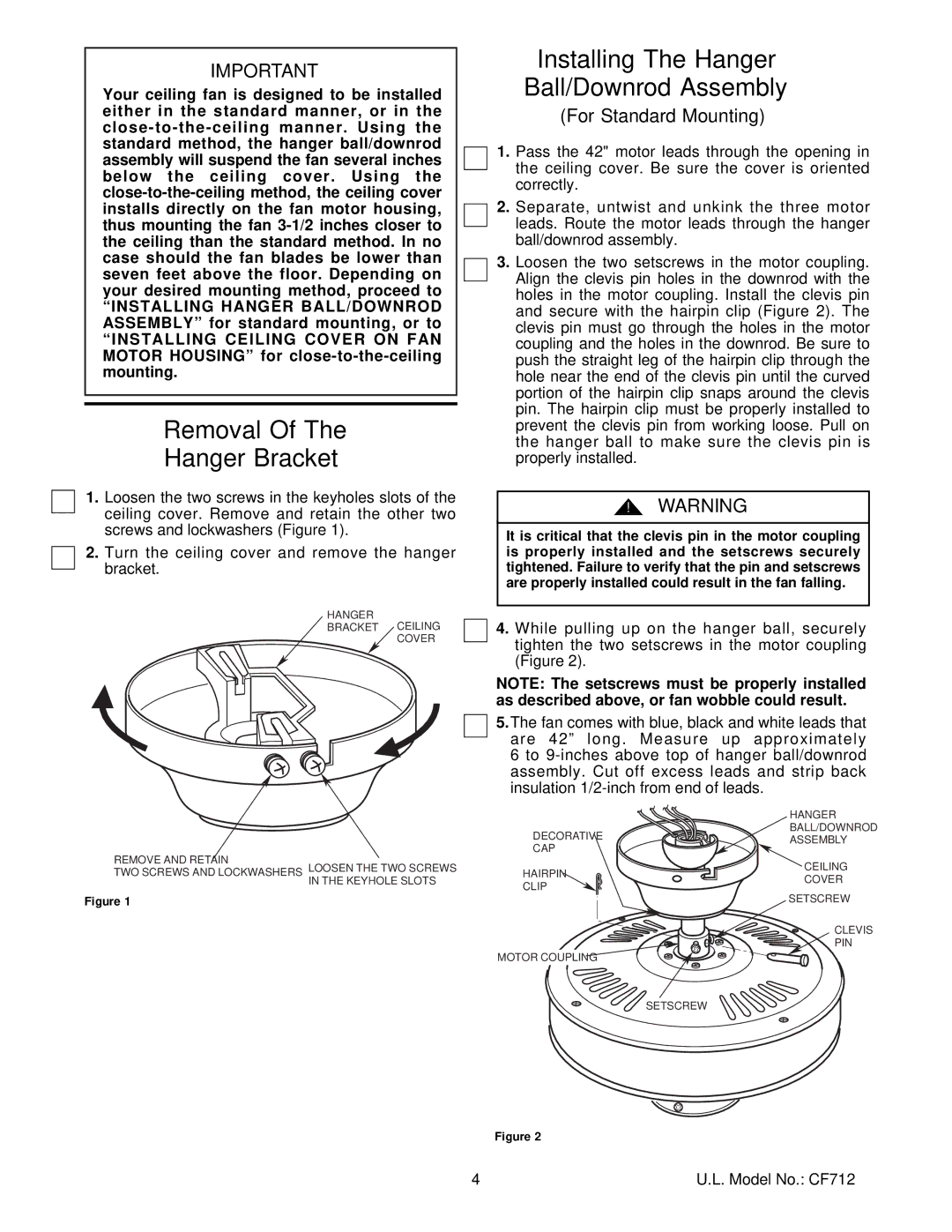 Emerson CF712ORB01, CF712WW01 Removal Hanger Bracket, Installing The Hanger Ball/Downrod Assembly, For Standard Mounting 