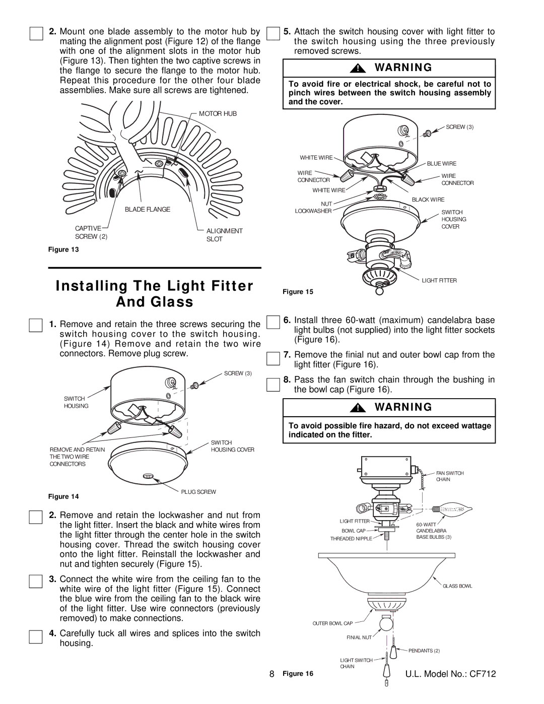 Emerson CF712WW01, CF712BS01, CF712TZ01, CF712WB01, CF712ORB01, CF712SCB01 Installing The Light Fitter Glass, Bowl cap Figure 