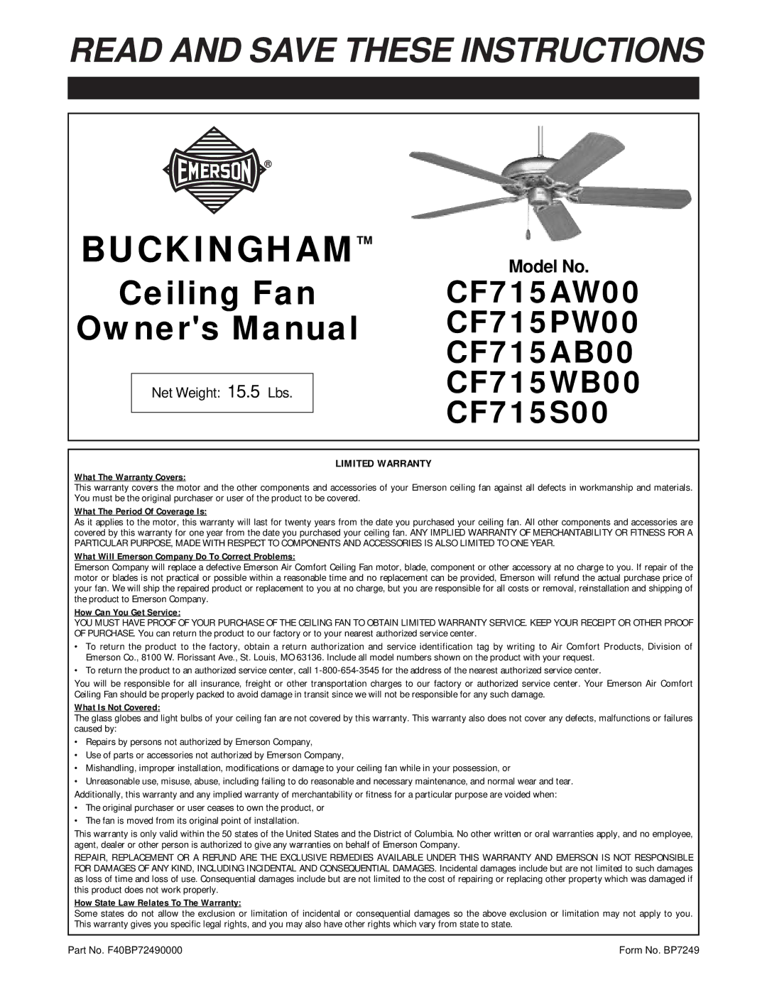 Emerson CF715S00, CF715WB00, CF715AW00, CF715AB00, CF715PW00 warranty Buckingham 