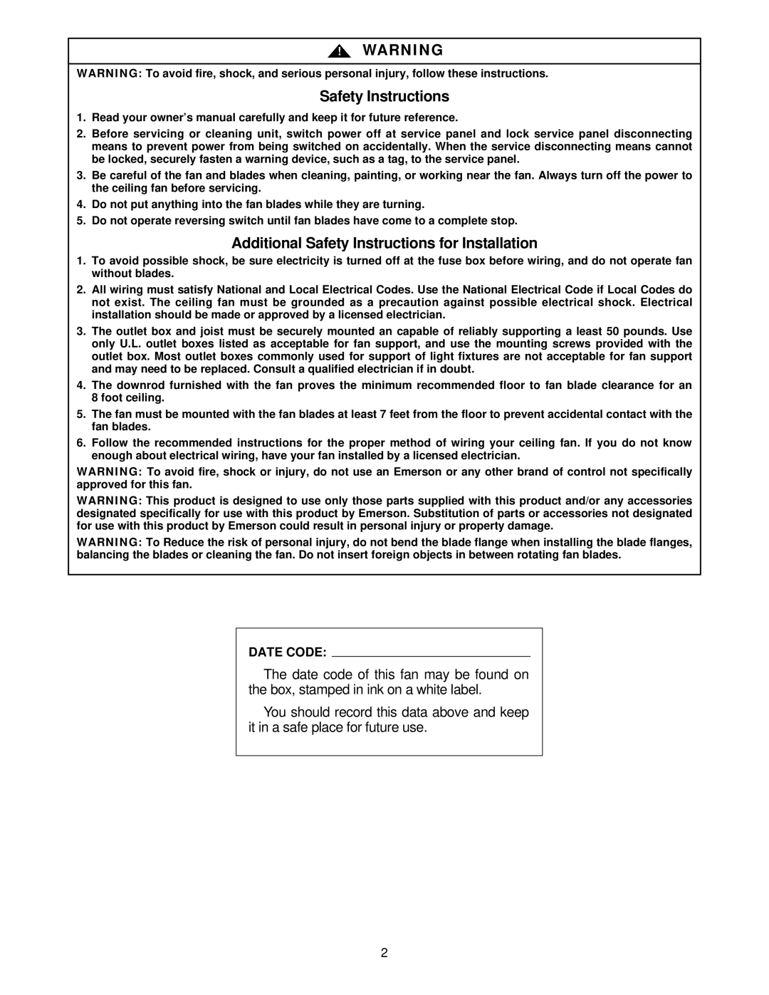 Emerson CF715AW00, CF715WB00, CF715S00, CF715AB00, CF715PW00 warranty Safety Instructions, Date Code 