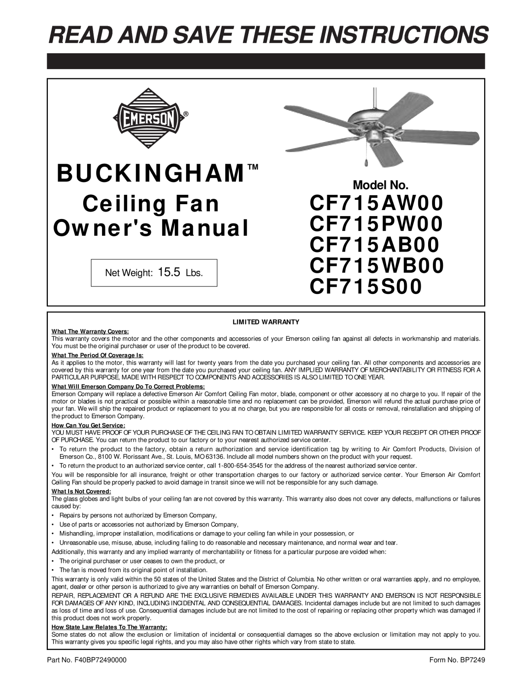 Emerson CF715S00 warranty Model No, Buckingham, Read And Save These Instructions, Ceiling Fan, CF715AW00, CF715PW00 