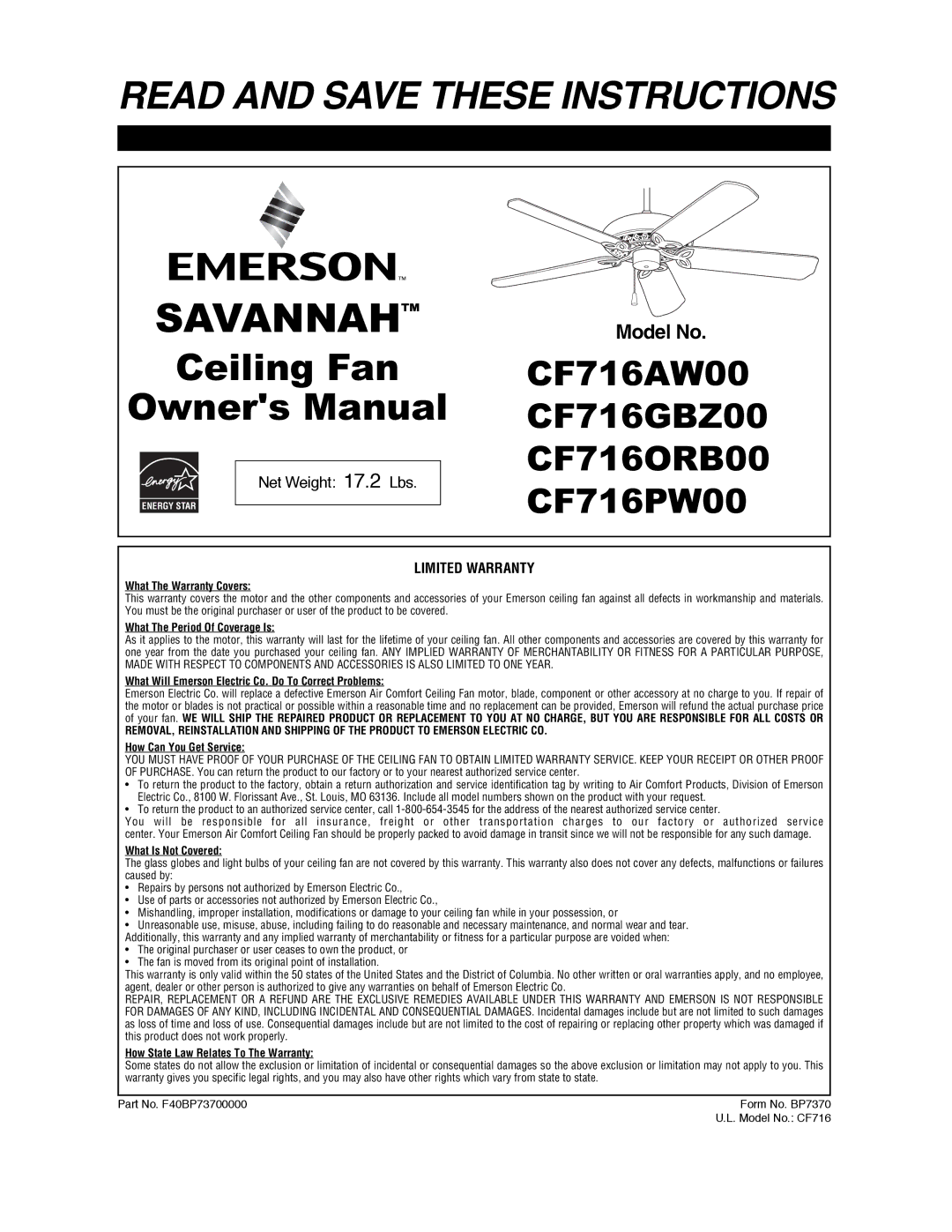 Emerson CF716ORB00, CF716GBZ00, CF716AW00, CF716PW00 warranty Read and Save These Instructions, Limited Warranty 