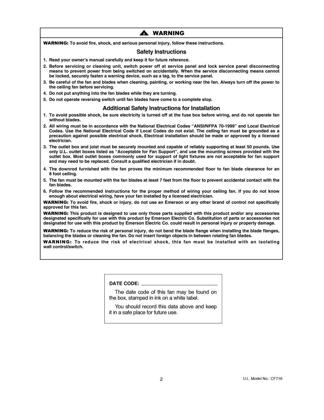 Emerson CF716AW00, CF716GBZ00, CF716ORB00, CF716PW00 warranty Safety Instructions, Date Code 