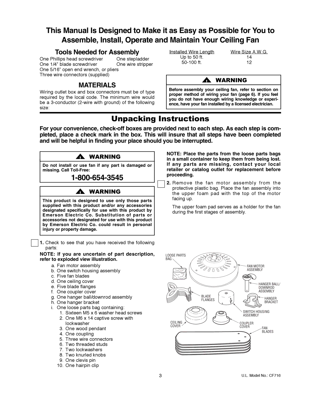 Emerson CF716PW00, CF716GBZ00, CF716ORB00, CF716AW00 warranty Unpacking Instructions, Wire Size A.W.G, Up to 50 ft 50-100 ft 
