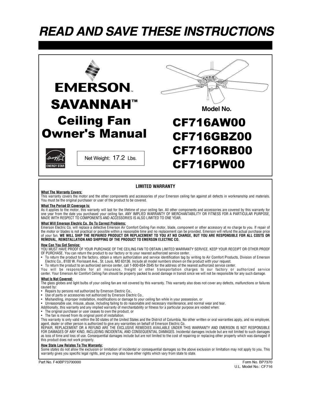 Emerson CF716ORB00 warranty Read And Save These Instructions, Ceiling Fan, CF716AW00, CF716GBZ00, CF716PW00 