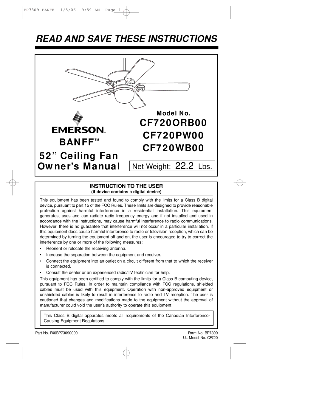 Emerson CF720WB00, CF720ORB00, CF720PW00 owner manual Banff, Model No 