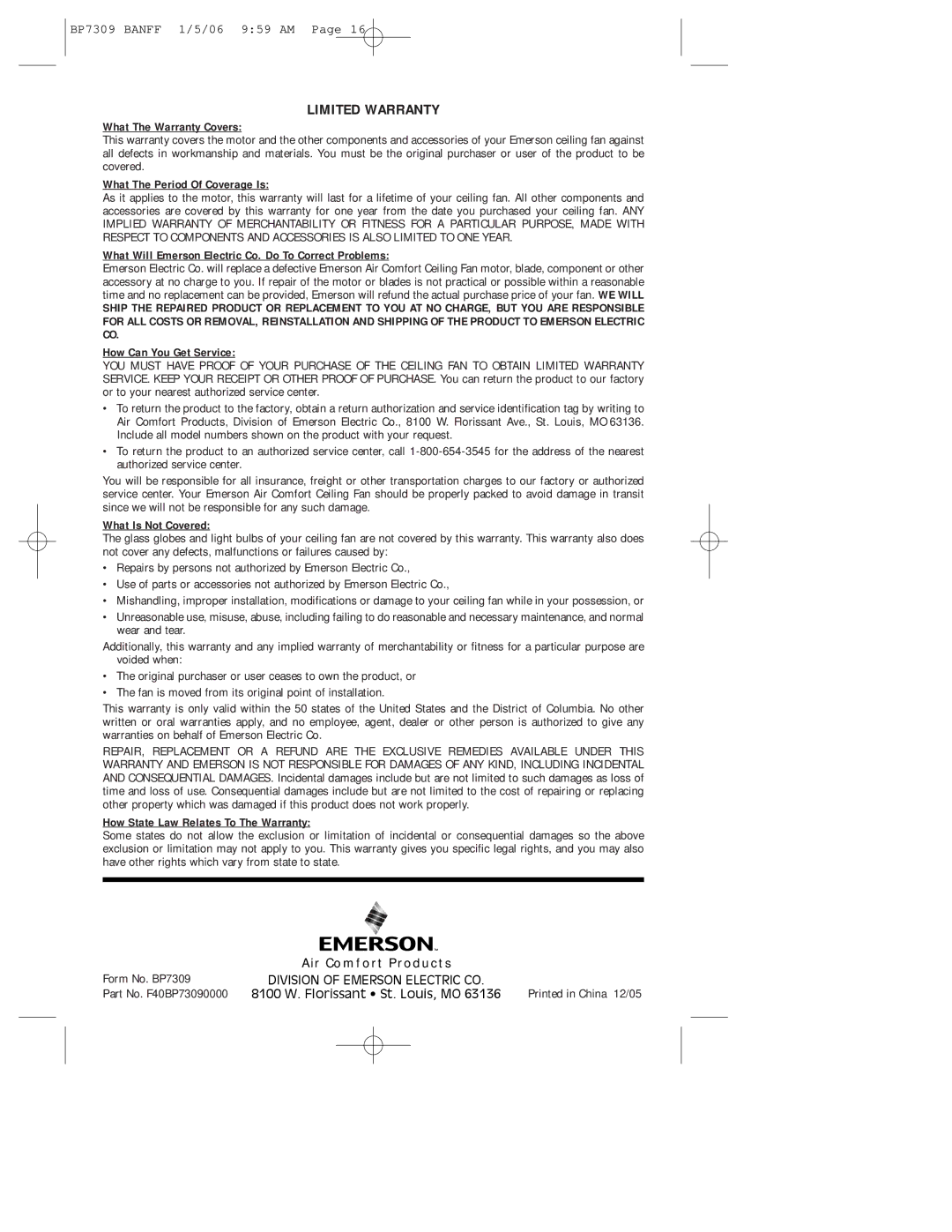 Emerson CF720WB00, CF720ORB00, CF720PW00 owner manual Limited Warranty 