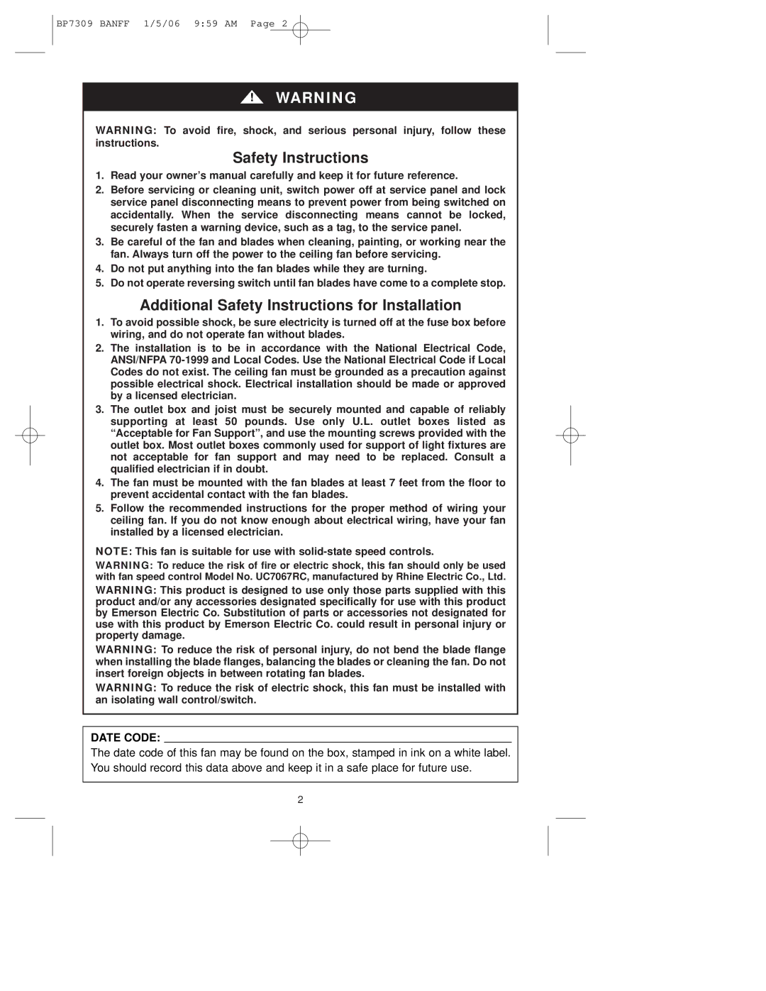 Emerson CF720PW00, CF720ORB00, CF720WB00 owner manual Additional Safety Instructions for Installation 