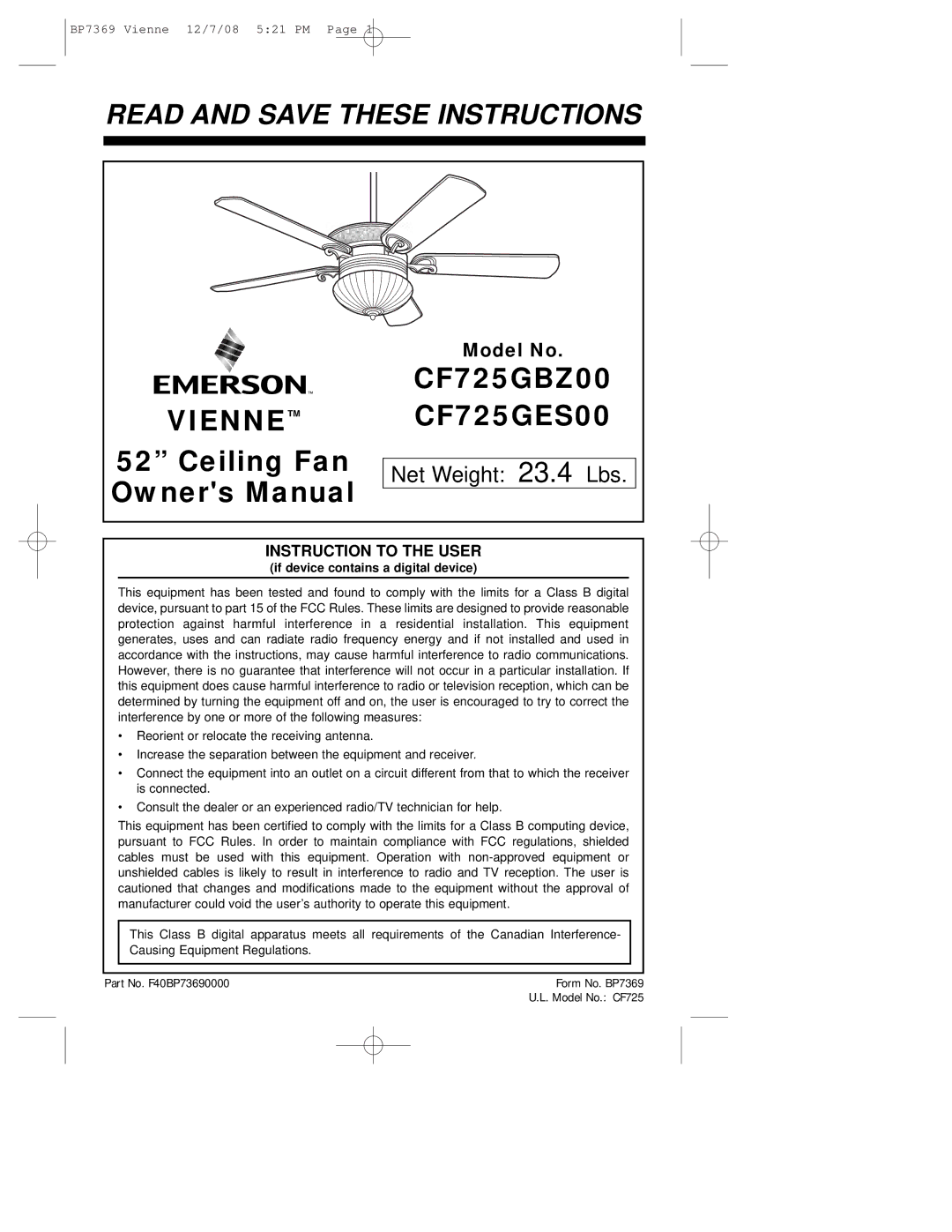 Emerson CF725GES00, CF725GBZ00 owner manual Vienne, Model No 