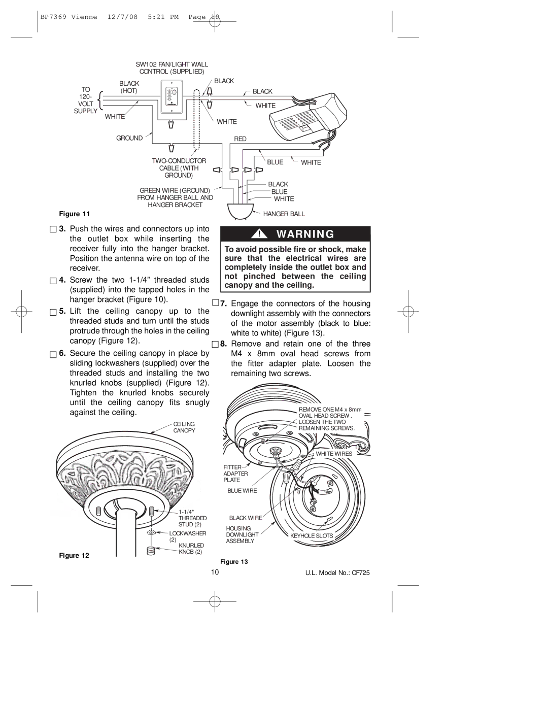 Emerson CF725GBZ00, CF725GES00 owner manual SW102 FAN/LIGHT Wall Control Supplied 