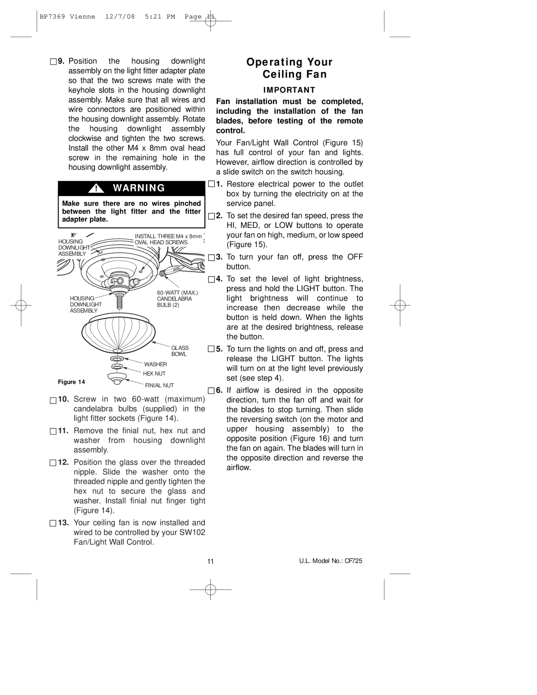 Emerson CF725GES00, CF725GBZ00 owner manual Operating Your, Ceiling Fan 