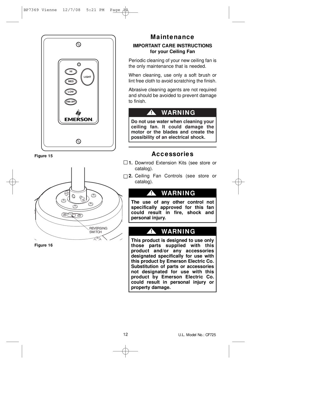 Emerson CF725GBZ00, CF725GES00 owner manual Maintenance, Accessories, For your Ceiling Fan 