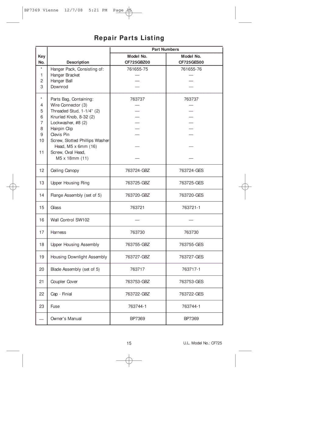 Emerson CF725GES00, CF725GBZ00 owner manual Repair Parts Listing, Part Numbers, Key Model No Description 