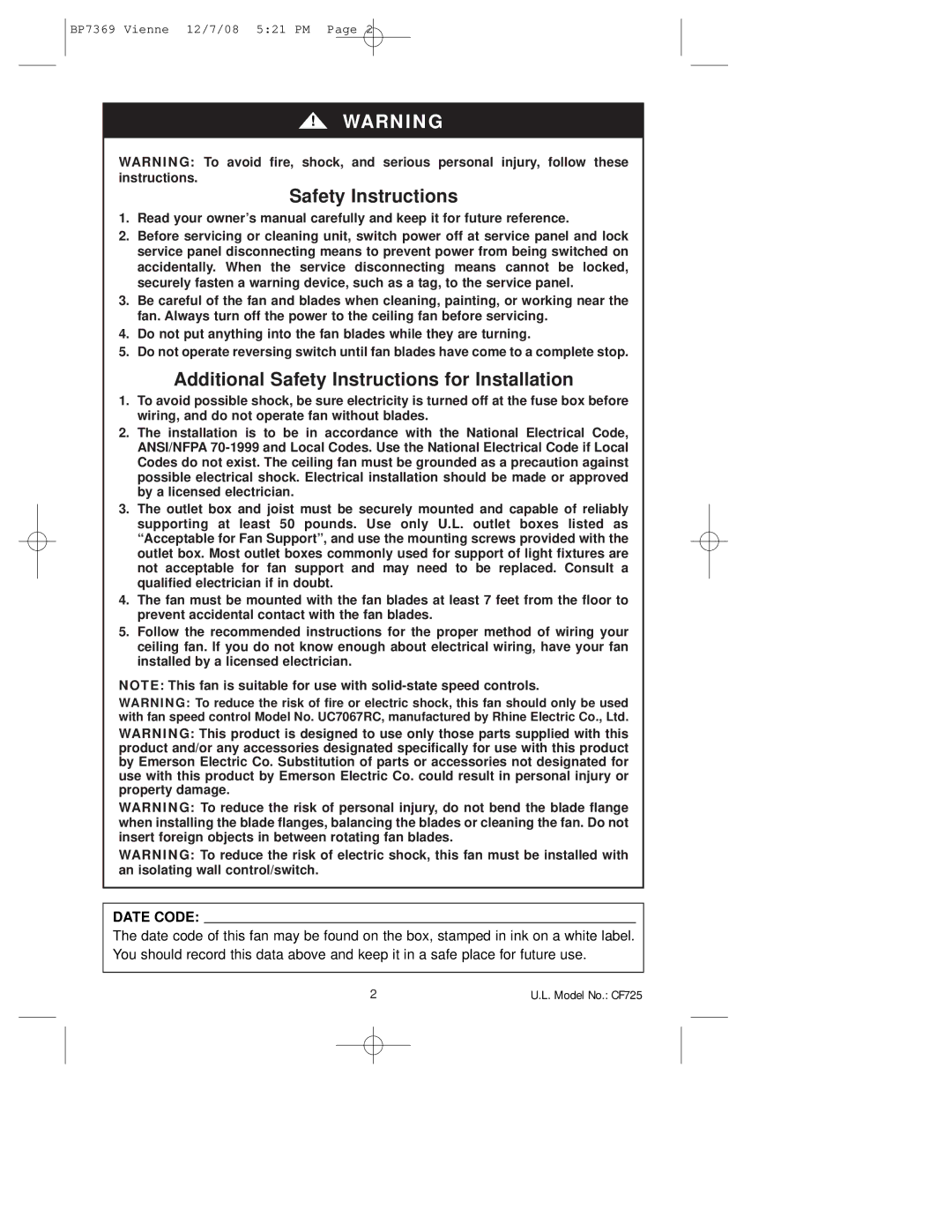 Emerson CF725GBZ00, CF725GES00 owner manual Additional Safety Instructions for Installation 