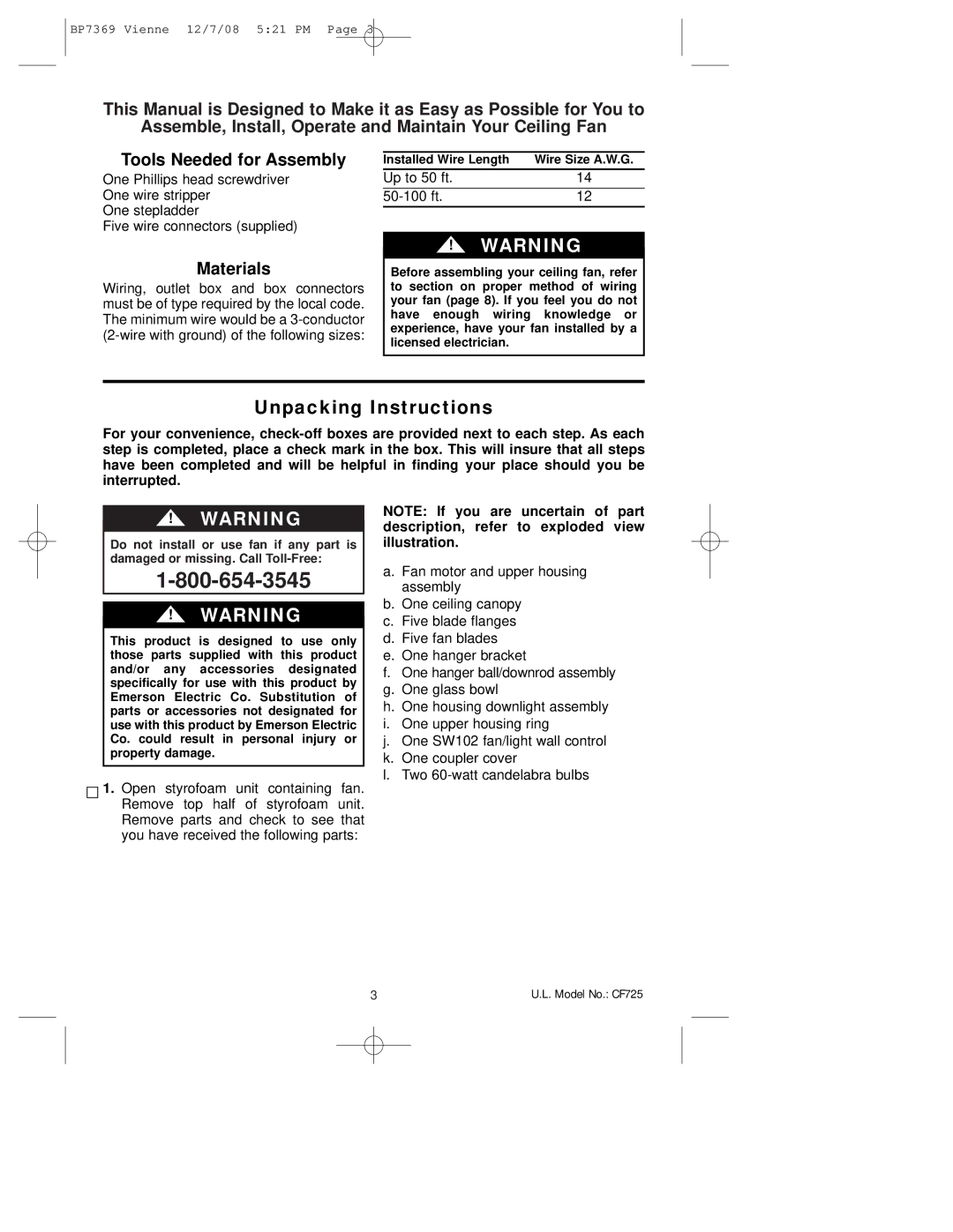 Emerson CF725GES00, CF725GBZ00 owner manual Unpacking Instructions, Materials 