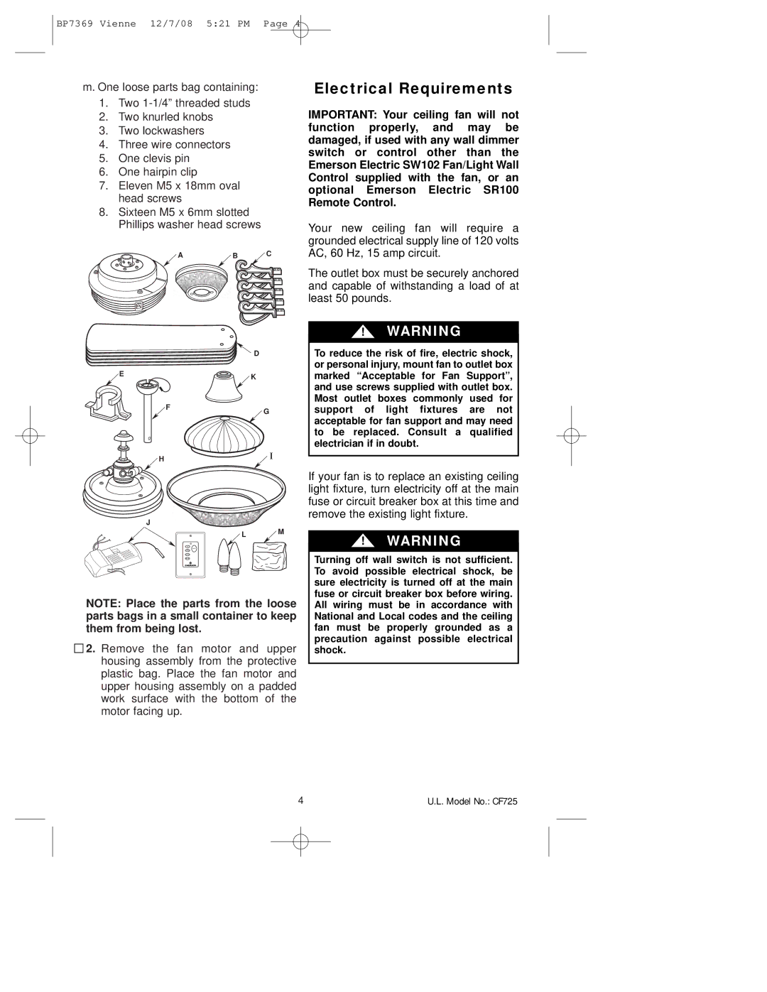 Emerson CF725GBZ00, CF725GES00 owner manual Electrical Requirements 